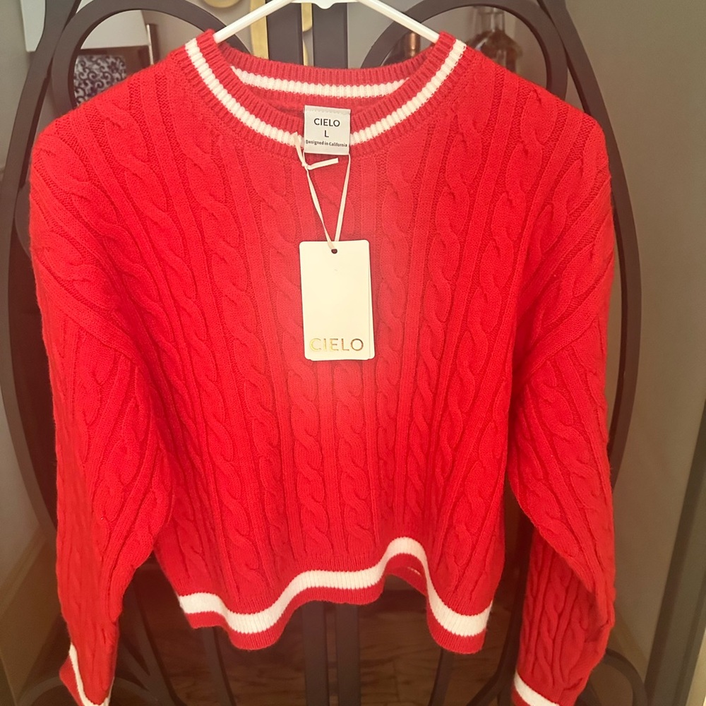 Cielo Red Crew Neck Sweater with Cable Knit and Striped Detail